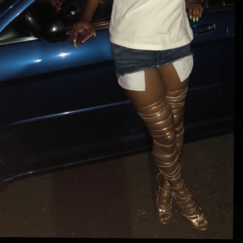 Sexy gold thigh high strappy heels